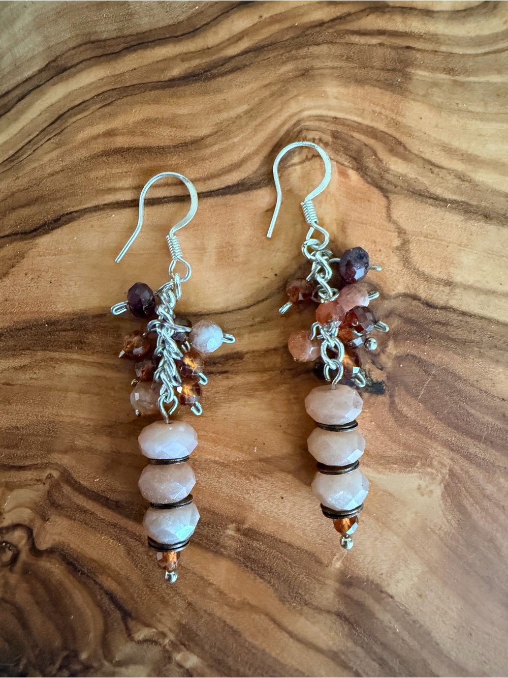 Handmade Artisan Blush Pink Mixed Stone Cluster Dangle Earrings